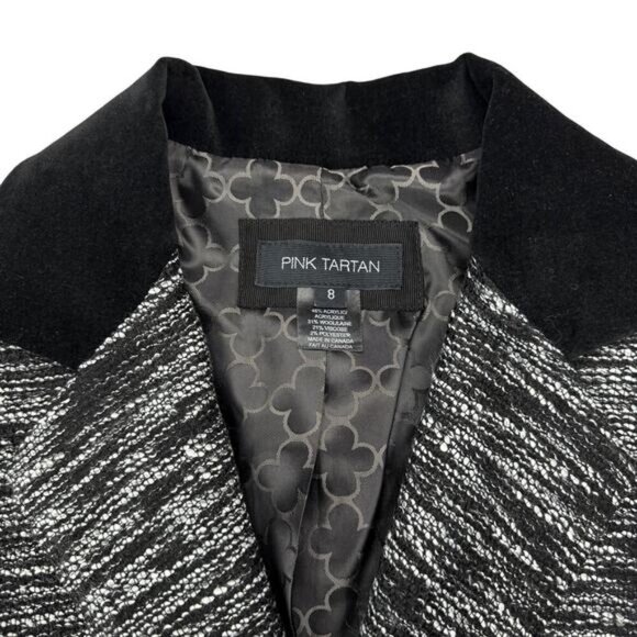 PINK TARTAN Wool Blend Black Velvet Trim 3 Button Blazer Jacket Sz 8 White Black - Picture 4 of 6